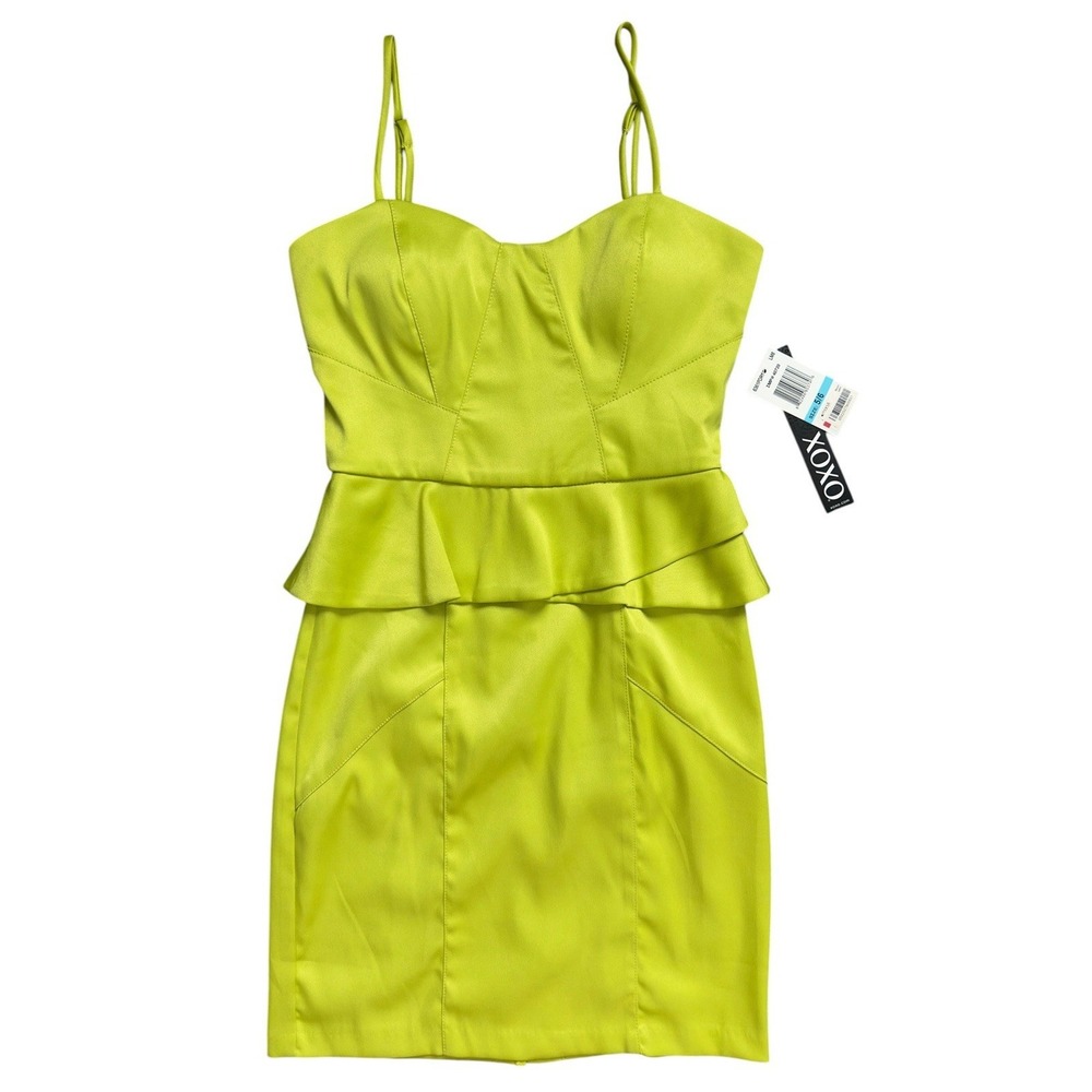 XOXO Lime Green Satin Bodycon Mini Dress Womens Party Night Out Y2K Style Sz 5/6